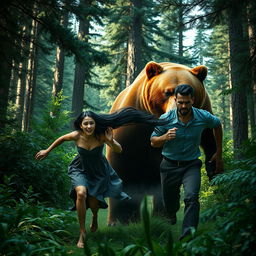 In a tense and gripping scene set in a verdant forest, a woman is depicted sprinting away from a man who is hot on her heels, determination etched on his face