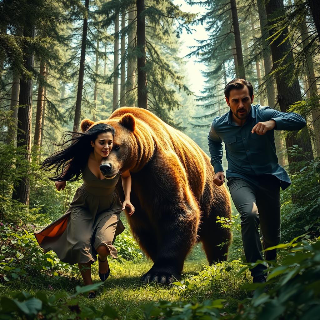 In a tense and gripping scene set in a verdant forest, a woman is depicted sprinting away from a man who is hot on her heels, determination etched on his face