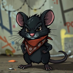 An edgy black mouse with a rugged demeanor, wearing a striking bandana around its neck