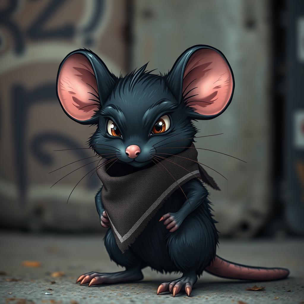 An edgy black mouse with a rugged demeanor, wearing a striking bandana around its neck