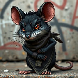 An edgy black mouse with a rugged demeanor, wearing a striking bandana around its neck
