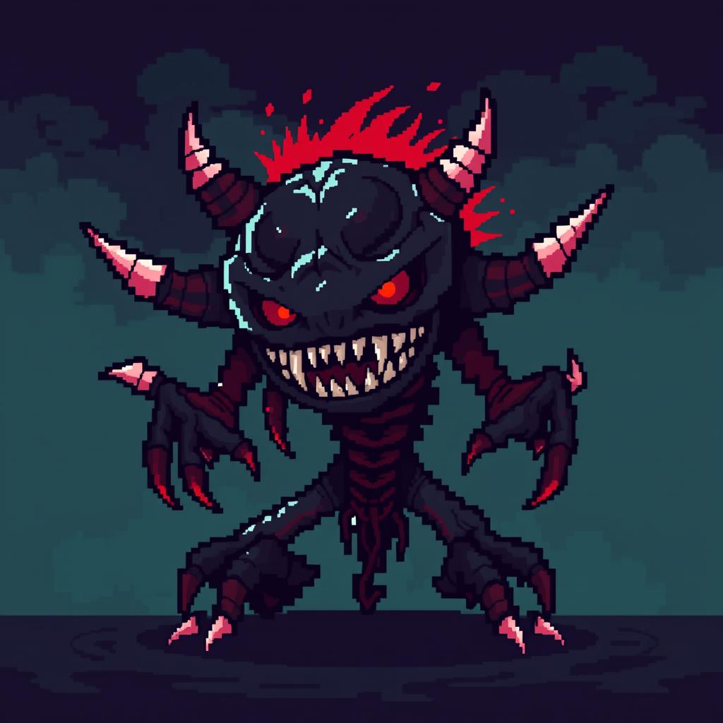 A pixelated 16-bit style monster inspired by creepypasta themes, featuring a black and red color scheme
