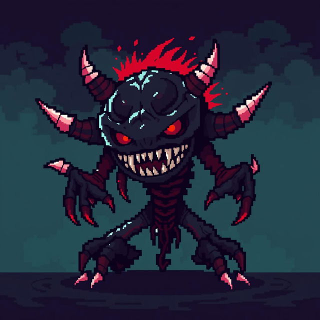 A pixelated 16-bit style monster inspired by creepypasta themes, featuring a black and red color scheme