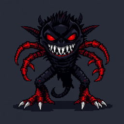 A pixelated 16-bit style monster inspired by creepypasta themes, featuring a black and red color scheme