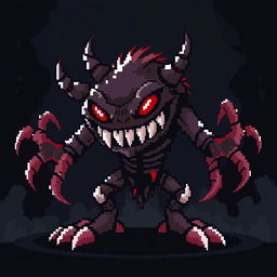 A pixelated 16-bit style monster inspired by creepypasta themes, featuring a black and red color scheme