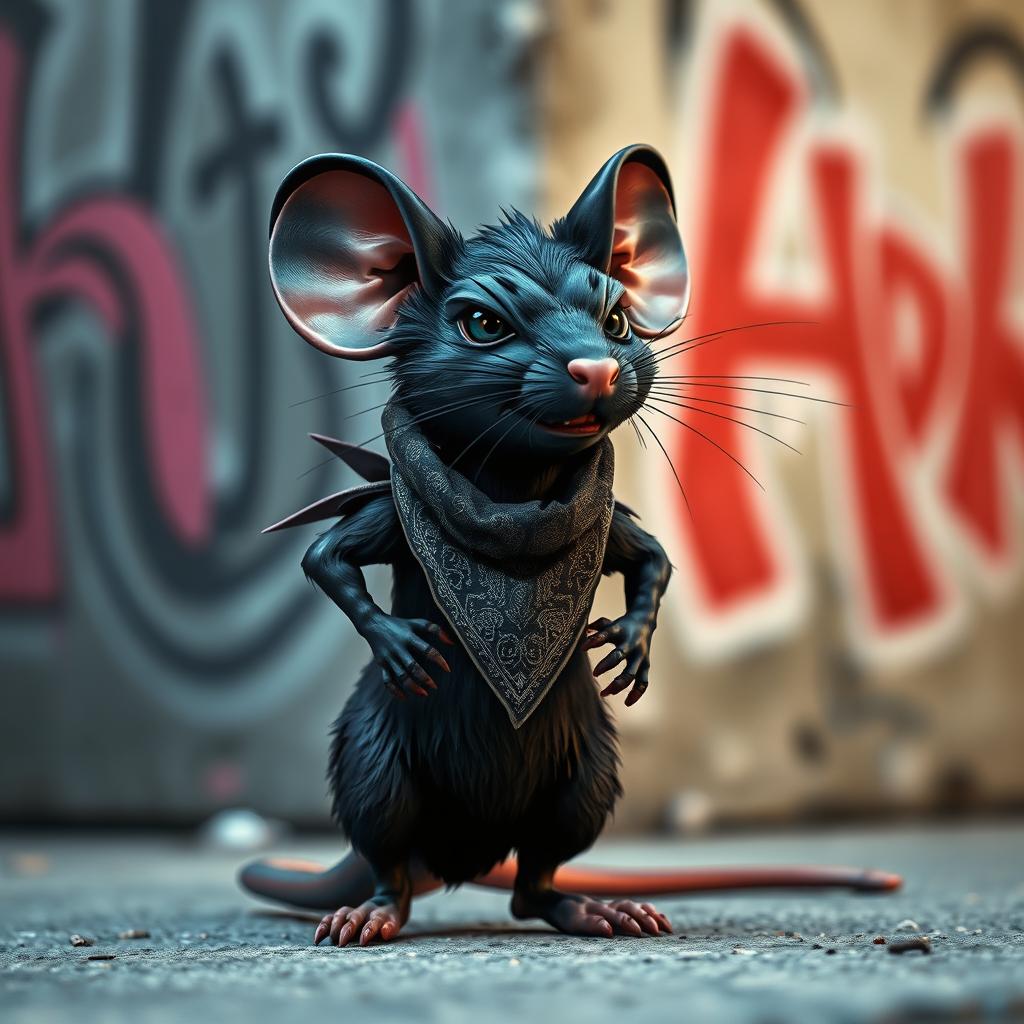 An edgy black mouse with a fierce demeanor, proudly wearing a stylish bandana around its neck