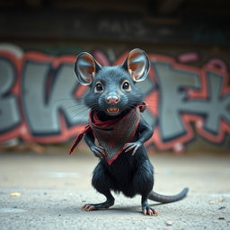 An edgy black mouse with a fierce demeanor, proudly wearing a stylish bandana around its neck