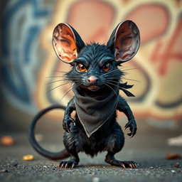 An edgy black mouse with a fierce demeanor, proudly wearing a stylish bandana around its neck