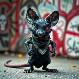 An edgy black mouse with a fierce demeanor, proudly wearing a stylish bandana around its neck