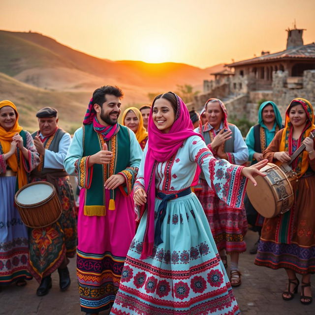 A vibrant depiction of a traditional Kurdish ritual, showcasing colorful attire and intricate patterns