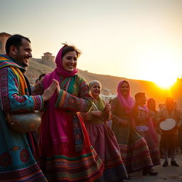 A vibrant depiction of a traditional Kurdish ritual, showcasing colorful attire and intricate patterns