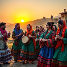 A vibrant depiction of a traditional Kurdish ritual, showcasing colorful attire and intricate patterns