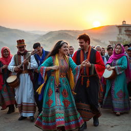 A vibrant depiction of a traditional Kurdish ritual, showcasing colorful attire and intricate patterns