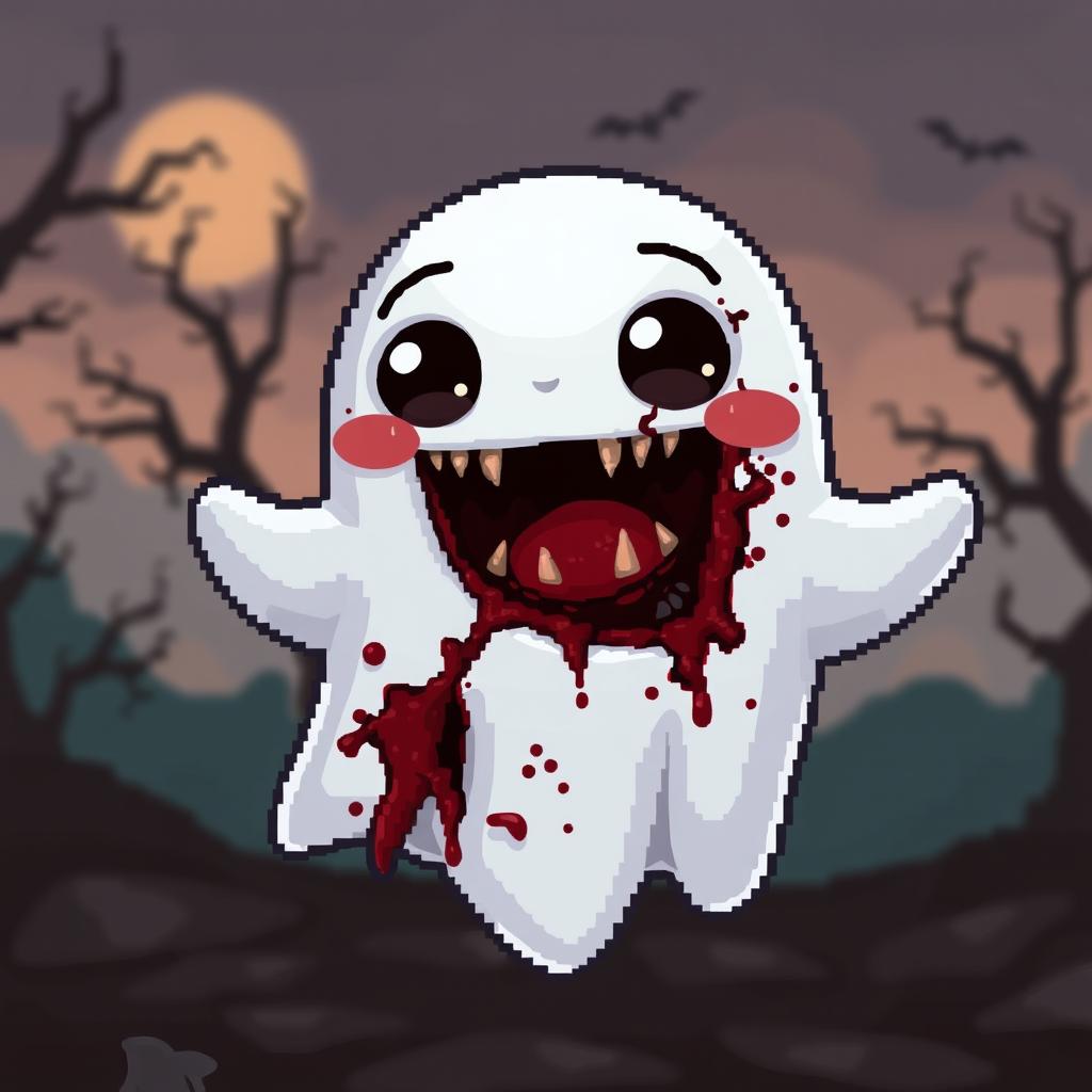 A pixel art style ghost with a cute and friendly appearance, showcasing bright and cheerful colors, large expressive eyes, and a playful smile