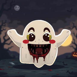 A pixel art style ghost with a cute and friendly appearance, showcasing bright and cheerful colors, large expressive eyes, and a playful smile