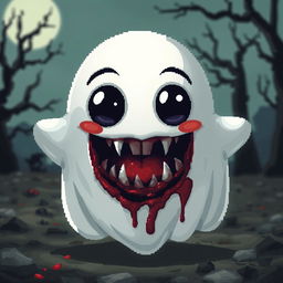 A pixel art style ghost with a cute and friendly appearance, showcasing bright and cheerful colors, large expressive eyes, and a playful smile
