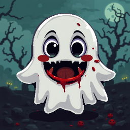 A pixel art style ghost with a cute and friendly appearance, showcasing bright and cheerful colors, large expressive eyes, and a playful smile