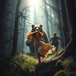 In a captivating and tense scene within a thick, wild forest, a woman is depicted sprinting towards a large bear, which stands alert and powerful amidst the trees