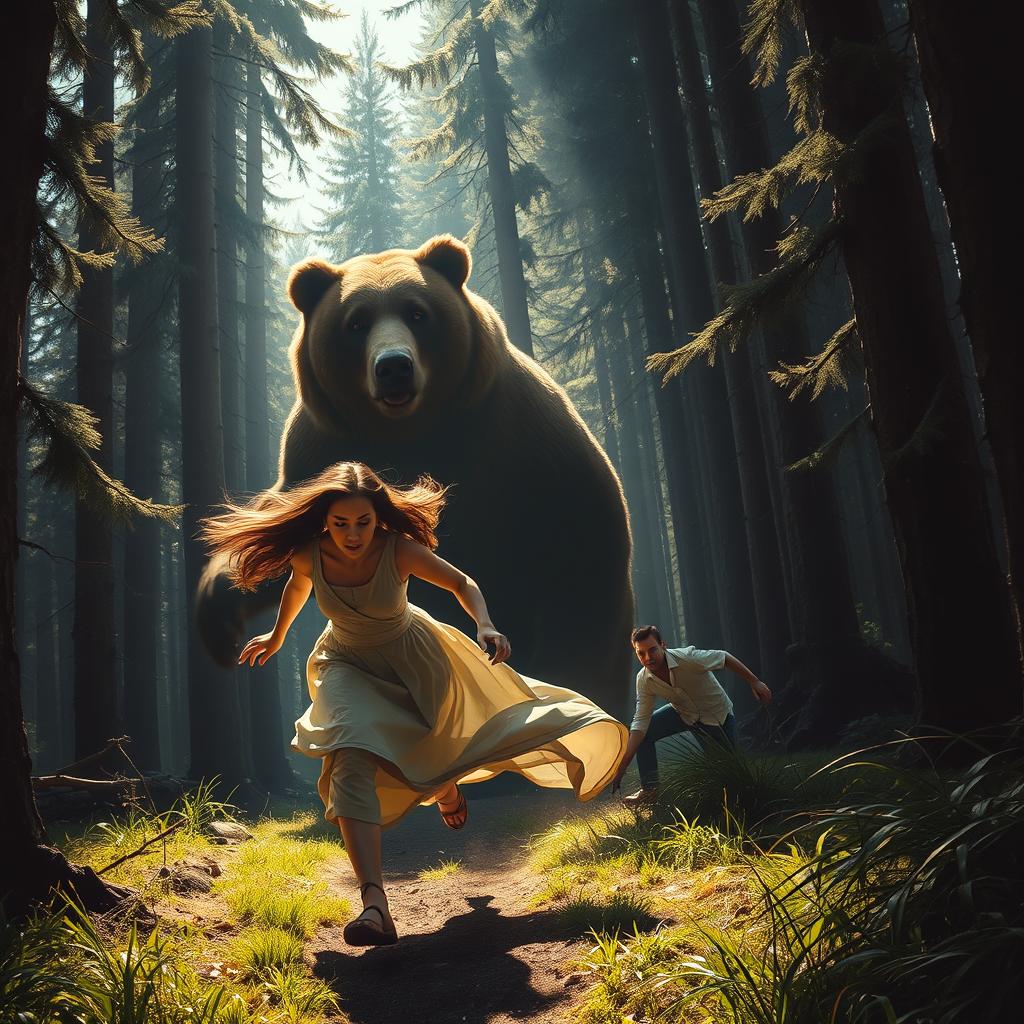 In a captivating and tense scene within a thick, wild forest, a woman is depicted sprinting towards a large bear, which stands alert and powerful amidst the trees