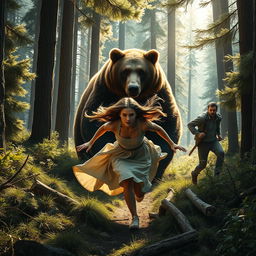 In a captivating and tense scene within a thick, wild forest, a woman is depicted sprinting towards a large bear, which stands alert and powerful amidst the trees