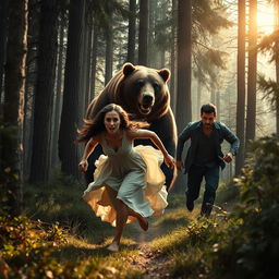 In a captivating and tense scene within a thick, wild forest, a woman is depicted sprinting towards a large bear, which stands alert and powerful amidst the trees