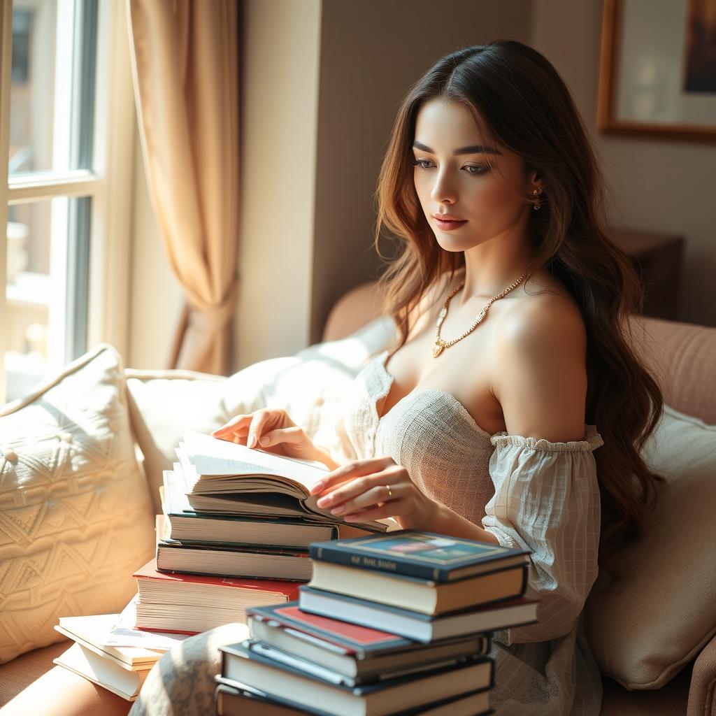 A captivating scene of a woman studying in a cozy, stylish room