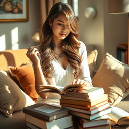 A captivating scene of a woman studying in a cozy, stylish room