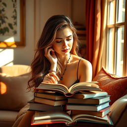 A captivating scene of a woman studying in a cozy, stylish room
