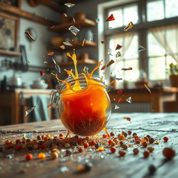 A dynamic scene illustrating the act of a jar shattering on the ground