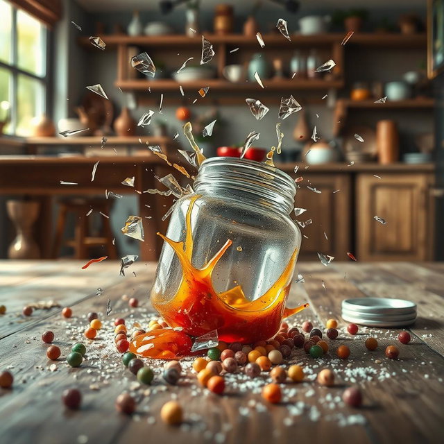 A dynamic scene illustrating the act of a jar shattering on the ground