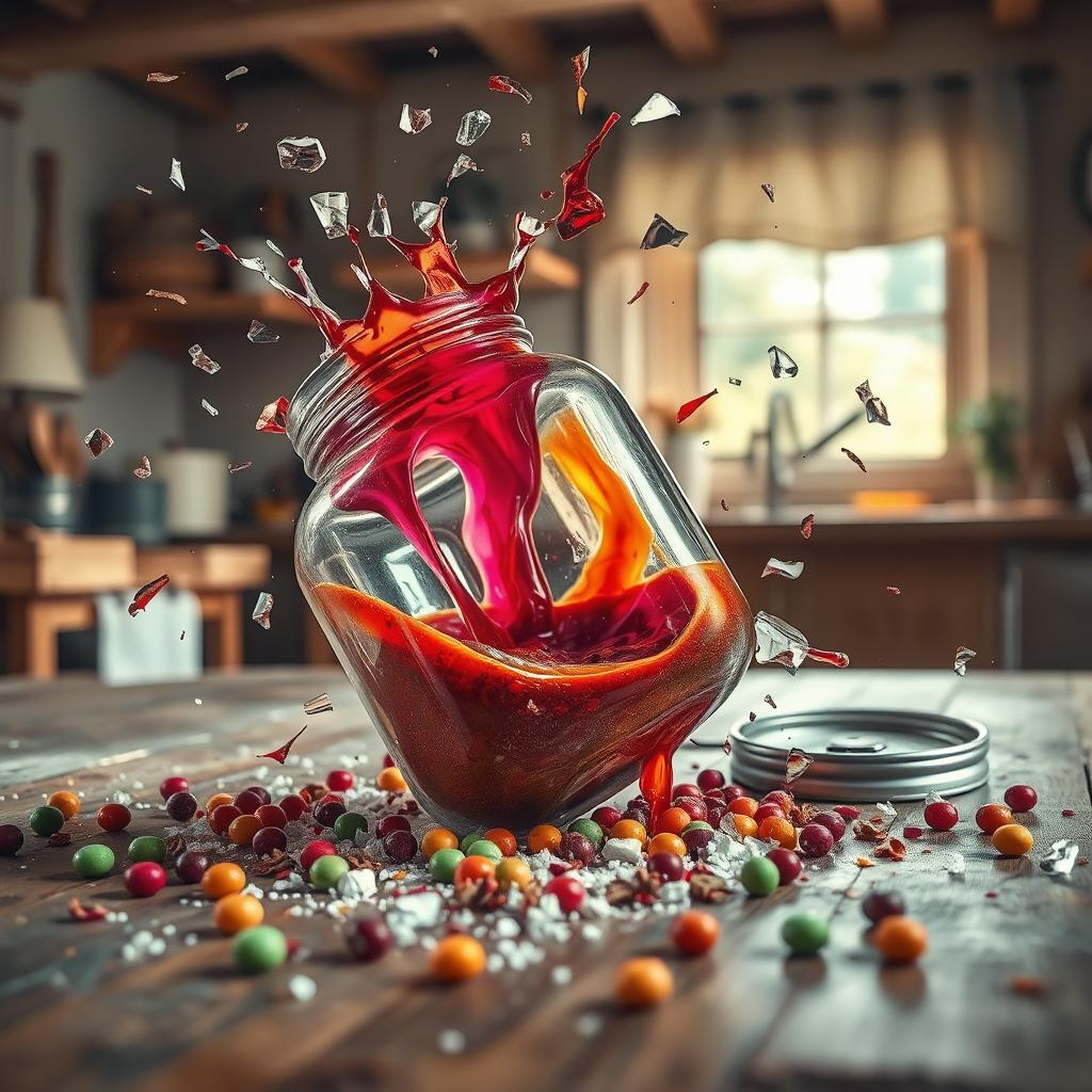 A dynamic scene illustrating the act of a jar shattering on the ground