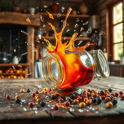 A dynamic scene illustrating the act of a jar shattering on the ground