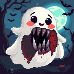 A charming pixel art ghost with an adorable and friendly appearance on the outside, featuring bright, pastel colors, large expressive eyes, and a joyful smile