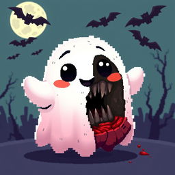 A charming pixel art ghost with an adorable and friendly appearance on the outside, featuring bright, pastel colors, large expressive eyes, and a joyful smile