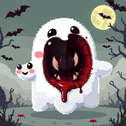 A charming pixel art ghost with an adorable and friendly appearance on the outside, featuring bright, pastel colors, large expressive eyes, and a joyful smile