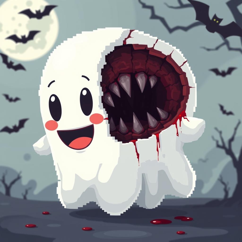 A charming pixel art ghost with an adorable and friendly appearance on the outside, featuring bright, pastel colors, large expressive eyes, and a joyful smile