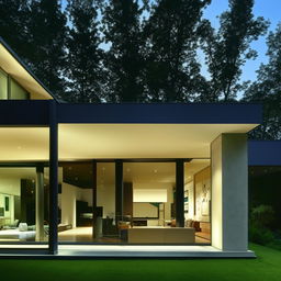 A modern house with sleek lines, large glass windows, and contemporary furnishings.