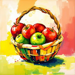 An abstract painting featuring a vibrant and colorful depiction of an apple basket