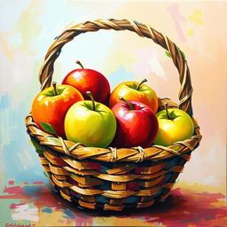 An abstract painting featuring a vibrant and colorful depiction of an apple basket