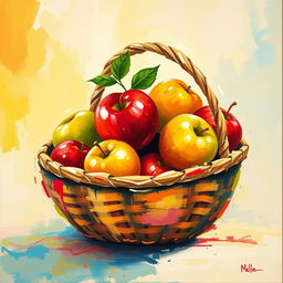 An abstract painting featuring a vibrant and colorful depiction of an apple basket