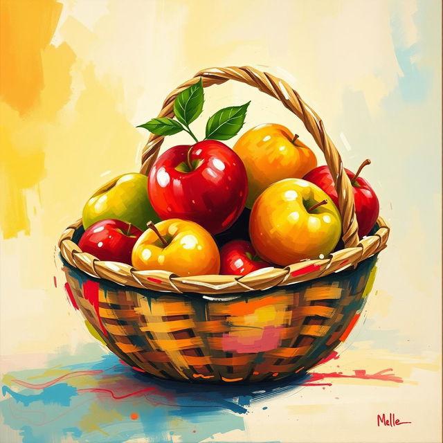 An abstract painting featuring a vibrant and colorful depiction of an apple basket