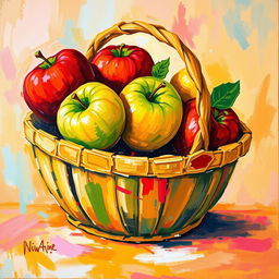 An abstract painting featuring a vibrant and colorful depiction of an apple basket