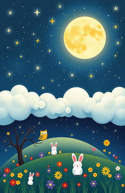 A whimsical illustration for a children's bedtime book, featuring a dreamy night sky filled with twinkling stars and a large, glowing full moon