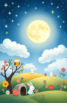 A whimsical illustration for a children's bedtime book, featuring a dreamy night sky filled with twinkling stars and a large, glowing full moon
