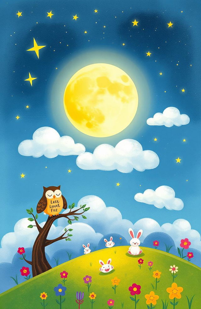 A whimsical illustration for a children's bedtime book, featuring a dreamy night sky filled with twinkling stars and a large, glowing full moon