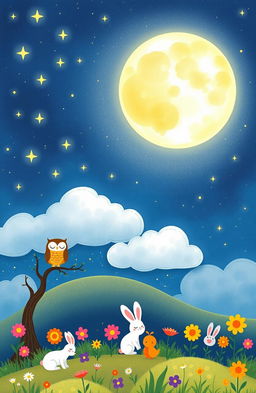 A whimsical illustration for a children's bedtime book, featuring a dreamy night sky filled with twinkling stars and a large, glowing full moon