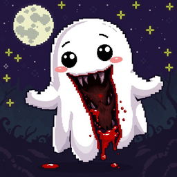 A charming pixel art ghost depicted with a friendly and cute exterior, featuring vibrant colors, big expressive eyes, and a playful smile