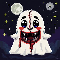 A charming pixel art ghost depicted with a friendly and cute exterior, featuring vibrant colors, big expressive eyes, and a playful smile