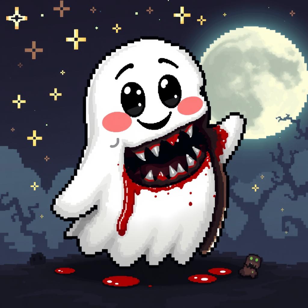 A charming pixel art ghost depicted with a friendly and cute exterior, featuring vibrant colors, big expressive eyes, and a playful smile