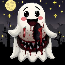 A charming pixel art ghost depicted with a friendly and cute exterior, featuring vibrant colors, big expressive eyes, and a playful smile